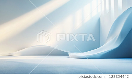 White room with a blue wall and a white staircase. The room is empty and the staircase is the only object in the room 122834442