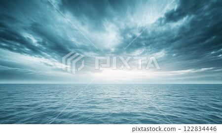 Large body of water with a cloudy sky above it. The sky is mostly blue with some white clouds scattered throughout. The water appears calm and peaceful, with no signs of any activity Large body of water with a cloudy sky above it. The sky is mostly blue with some white clouds scattered throughout. The water appears calm and peaceful, with no signs of any activity 122834446