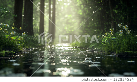 Forest with a stream running through it. The water is calm and the sun is shining through the trees 122834554