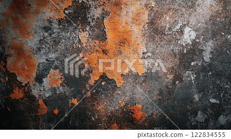 Wall with a lot of paint splatters and a few orange spots. The wall appears to be old and worn down 122834555