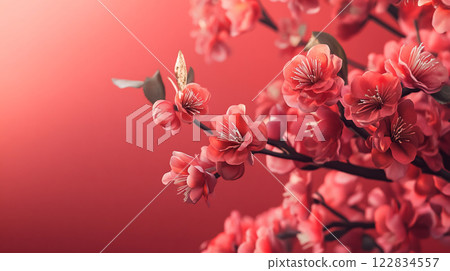Close up of a red flower with a red background. The flower is the main focus of the image, and it is a cherry blossom 122834557