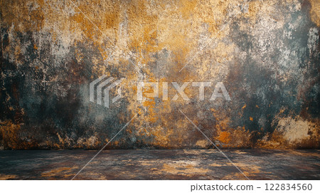 Wall with a lot of paint splatters and a large hole in it. The wall is mostly brown and gray, with some orange and black splatters. Scene is somewhat chaotic and unfinished 122834560