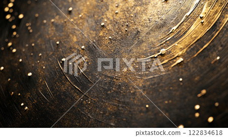 Gold and black painting with a lot of gold and black specks. The painting has a lot of gold and black colors and it looks like a swirl 122834618