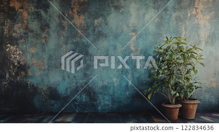 Wall with a plant in a pot. The wall is blue and has a lot of texture Wall with a plant in a pot. The wall is blue and has a lot of texture 122834636