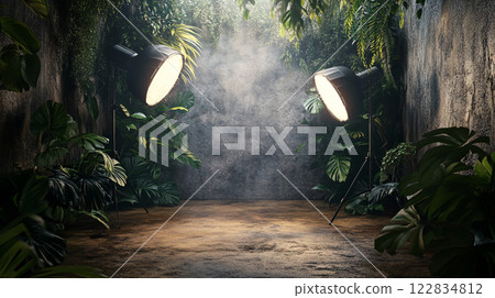 Dark, dimly lit room with two large lights on either side. The room is filled with greenery and plants, giving it a natural and calming atmosphere Dark, dimly lit room with two large lights on either side. The room is filled with greenery and plants, giving it a natural and calming atmosphere 122834812