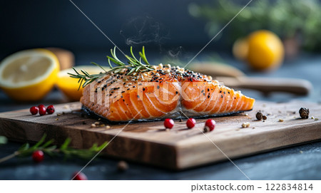 Piece of salmon is on a wooden cutting board with lemon slices and herbs. The salmon is cooked and ready to be served 122834814