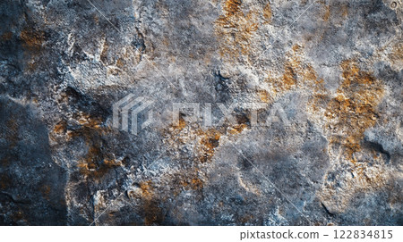 Wall with a blue and orange background. The wall is made of stone and has a rough texture 122834815
