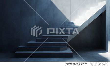 Staircase is shown in a dark room with a shadow on the wall. The staircase is made of concrete and is very tall Staircase is shown in a dark room with a shadow on the wall. The staircase is made of concrete and is very tall 122834823