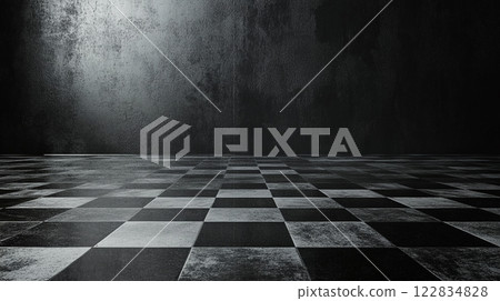 Black and white checkered floor with a wall in the background. The floor is empty and the wall is grey Black and white checkered floor with a wall in the background. The floor is empty and the wall is grey 122834828