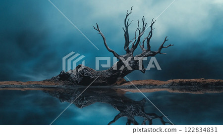 Tree is reflected in the water. The tree appears to be dead, but it still stands tall and proud. The water is still and clear, creating a peaceful atmosphere 122834831