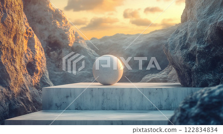 White ball is sitting on a platform in front of a rocky mountain. The scene is serene and peaceful, with the ball appearing to be the only object in the area 122834834