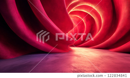 Red rose is shown in a tunnel with a red wall. The tunnel is long and narrow, and the rose is the only thing visible. The tunnel is dark and mysterious, and the rose is the only source of light 122834841