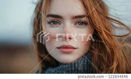 Woman with red hair and blue eyes is wearing a gray sweater. She has a slight smile on her face Woman with red hair and blue eyes is wearing a gray sweater. She has a slight smile on her face 122834846
