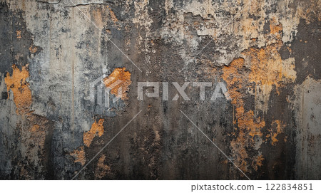 Wall with a lot of rust and paint peeling off. The wall is old and worn down Wall with a lot of rust and paint peeling off. The wall is old and worn down 122834851