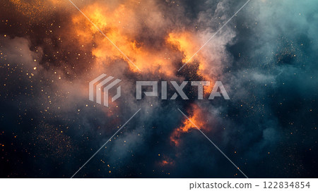 Space filled with fire and smoke. The fire is orange and the smoke is blue 122834854