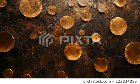 Close up of a wall with many gold circles on it. The circles are of different sizes and are scattered all over the wall. The wall appears to be made of wood and has a rustic feel to it Close up of a wall with many gold circles on it. The circles are of different sizes and are scattered all over the wall. The wall appears to be made of wood and has a rustic feel to it 122834859