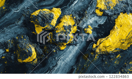 Painting of rocks and water with a yellow and blue color scheme. The rocks are scattered throughout the painting, with some larger and some smaller. The water appears to be calm and serene Painting of rocks and water with a yellow and blue color scheme. The rocks are scattered throughout the painting, with some larger and some smaller. The water appears to be calm and serene 122834863