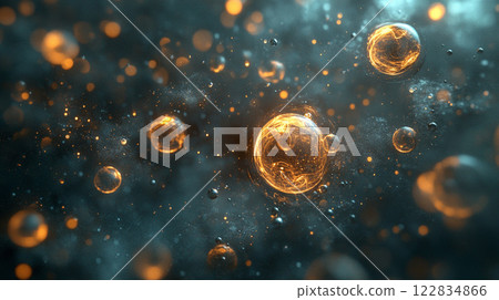 Close up of a bunch of orange and blue spheres. The spheres are scattered throughout the image, with some closer to the foreground and others further back. Scene is one of chaos and disorder 122834866