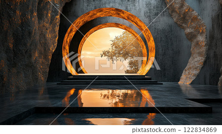 Large, circular room with a tree outside. The room is dark and the tree is orange 122834869