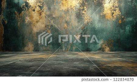 Wall with a lot of paint splatters and a large empty space. The wall is covered in a variety of colors and textures, giving it a chaotic and abstract appearance 122834870