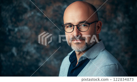 Man with glasses is smiling and wearing a blue and white sweater. He is standing in front of a wall Man with glasses is smiling and wearing a blue and white sweater. He is standing in front of a wall 122834873