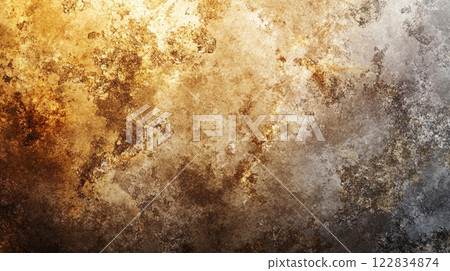 Wall with a brown and tan texture. The wall has a rough and uneven surface. The wall is covered in dirt and has a lot of cracks 122834874