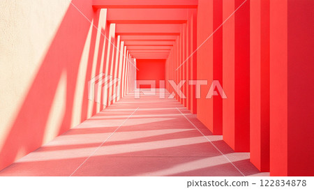 Long red hallway with a white wall. The hallway is empty and the walls are red. The light is shining on the walls, creating a warm and inviting atmosphere Long red hallway with a white wall. The hallway is empty and the walls are red. The light is shining on the walls, creating a warm and inviting atmosphere 122834878