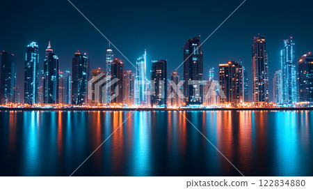City skyline is lit up at night, with the water reflecting the lights. Scene is serene and peaceful, as the city and water seem to be in harmony City skyline is lit up at night, with the water reflecting the lights. Scene is serene and peaceful, as the city and water seem to be in harmony 122834880