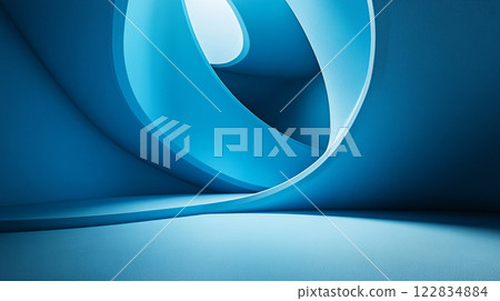 Blue spiral staircase is shown in a room. The staircase is made of a blue material and is curved. The room is empty and the staircase is the main focus of the image Blue spiral staircase is shown in a room. The staircase is made of a blue material and is curved. The room is empty and the staircase is the main focus of the image 122834884