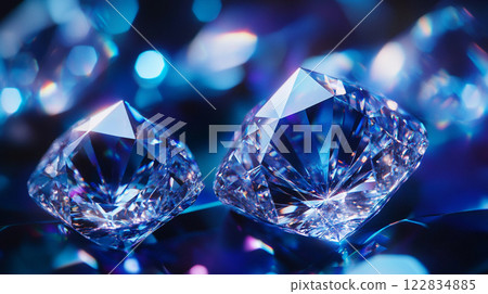 Two blue diamonds are on a blue background. The diamonds are cut in a way that they look like they are floating on the surface 122834885