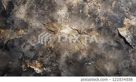 Rough, textured surface with a few cracks and holes. The surface is made of stone and he is weathered 122834886