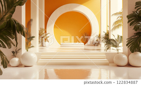Large white circle is the focal point of the room, surrounded by white pillars and plants. The room has a modern and minimalist design, with a neutral color palette. The plants add a touch of nature Large white circle is the focal point of the room, surrounded by white pillars and plants. The room has a modern and minimalist design, with a neutral color palette. The plants add a touch of nature 122834887