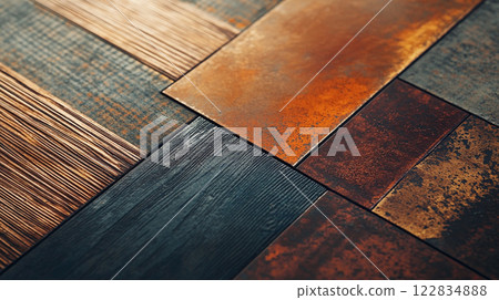 Mosaic of wood and metal tiles with a rustic, vintage feel. The tiles are arranged in a way that creates a sense of depth and texture Mosaic of wood and metal tiles with a rustic, vintage feel. The tiles are arranged in a way that creates a sense of depth and texture 122834888