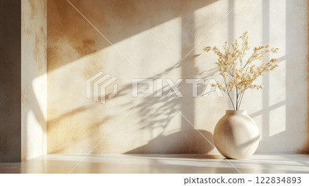 White vase with a yellow flower in it sits in a room with a white wall. The vase is the only object in the room, and it is the only thing that is not white. The room is very plain and empty White vase with a yellow flower in it sits in a room with a white wall. The vase is the only object in the room, and it is the only thing that is not white. The room is very plain and empty 122834893