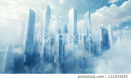 City skyline is shown in a foggy, hazy atmosphere. The buildings are tall and appear to be made of glass. The sky is mostly cloudy, with a few white clouds scattered throughout City skyline is shown in a foggy, hazy atmosphere. The buildings are tall and appear to be made of glass. The sky is mostly cloudy, with a few white clouds scattered throughout 122834895
