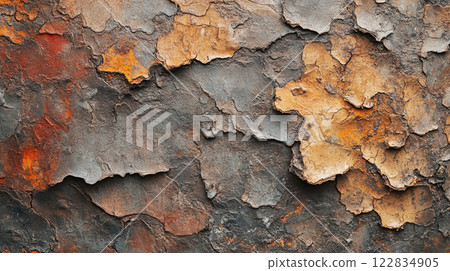 The image is of a rock with a lot of rust and dirt on it. The rock has a lot of texture and he is old. Scene is somewhat somber and rugged 122834905