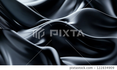 Black fabric with a wave pattern. The fabric is very smooth and shiny. The image has a calm and serene mood Black fabric with a wave pattern. The fabric is very smooth and shiny. The image has a calm and serene mood 122834909