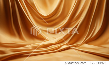 Long piece of gold fabric is draped over a table. The fabric is flowing and has a luxurious feel to it. Concept of elegance and sophistication Long piece of gold fabric is draped over a table. The fabric is flowing and has a luxurious feel to it. Concept of elegance and sophistication 122834925