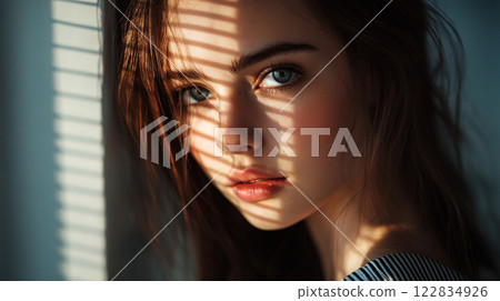 Woman with long red hair and blue eyes is standing in front of a window. The sunlight is shining on her face, creating a warm and inviting atmosphere 122834926