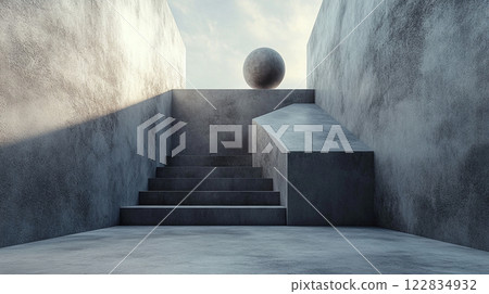 Grey and white room with a large ball in the middle. The ball is surrounded by stairs and a wall. The room is empty and the ball is the only object in the room Grey and white room with a large ball in the middle. The ball is surrounded by stairs and a wall. The room is empty and the ball is the only object in the room 122834932