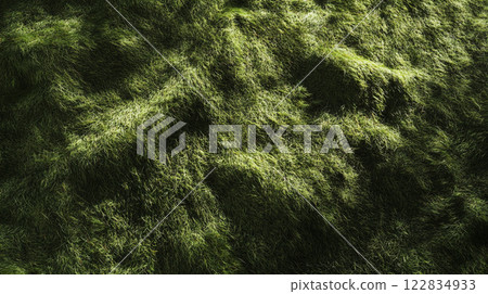 Close up of a green grassy field with a few weeds. The grass is tall and the weeds are scattered throughout the field. The image has a peaceful and serene mood, as it captures the beauty of nature 122834933