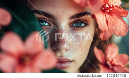 Woman with blue eyes and freckles is surrounded by pink flowers. The flowers are in the background and the woman is the main focus of the image. The image has a soft and romantic mood Woman with blue eyes and freckles is surrounded by pink flowers. The flowers are in the background and the woman is the main focus of the image. The image has a soft and romantic mood 122834936