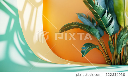 Plant is growing in a room with a yellow wall and a blue wall. The plant is in the foreground and the walls are in the background Plant is growing in a room with a yellow wall and a blue wall. The plant is in the foreground and the walls are in the background 122834938