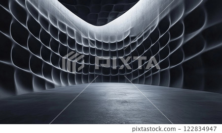 Large, empty room with a black wall and a white ceiling. The room is empty and has a very dark atmosphere Large, empty room with a black wall and a white ceiling. The room is empty and has a very dark atmosphere 122834947