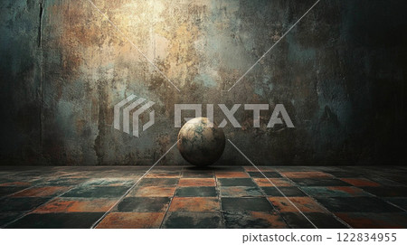 Ball is sitting on a checkered floor in a room with a wall. The room is empty and the ball is the only object in the scene Ball is sitting on a checkered floor in a room with a wall. The room is empty and the ball is the only object in the scene 122834955