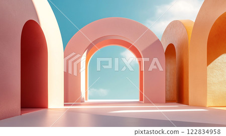 Series of arches in a pink and orange color scheme. The arches are in a row and are connected to each other. The arches are open and the sky is blue Series of arches in a pink and orange color scheme. The arches are in a row and are connected to each other. The arches are open and the sky is blue 122834958
