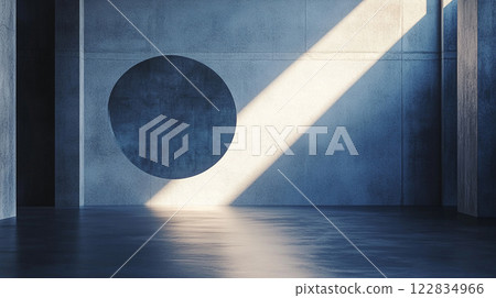 Large blue room with a large hole in the wall. The room is empty and the light is shining on the hole 122834966