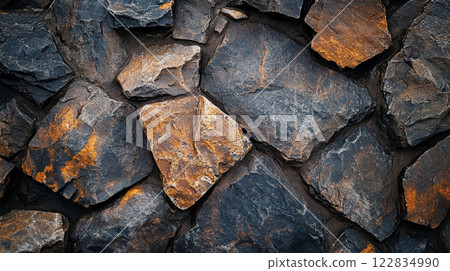 Wall made of rocks with a brownish hue. The wall is made of large rocks and has a rough texture Wall made of rocks with a brownish hue. The wall is made of large rocks and has a rough texture 122834990