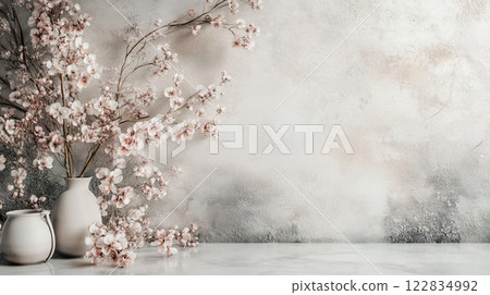 White vase with pink flowers sits on a marble countertop. The vase is the focal point of the image, and the flowers add a touch of color and life to the scene. The marble countertop provides a clean White vase with pink flowers sits on a marble countertop. The vase is the focal point of the image, and the flowers add a touch of color and life to the scene. The marble countertop provides a clean 122834992