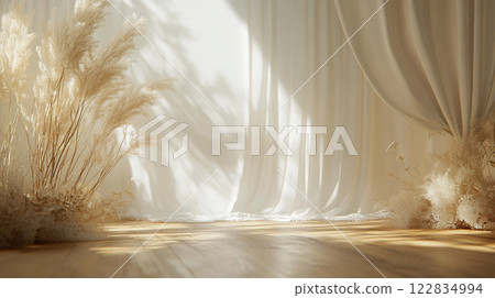 White curtain hangs in front of a white wall. The curtain is drawn, and the room is empty 122834994